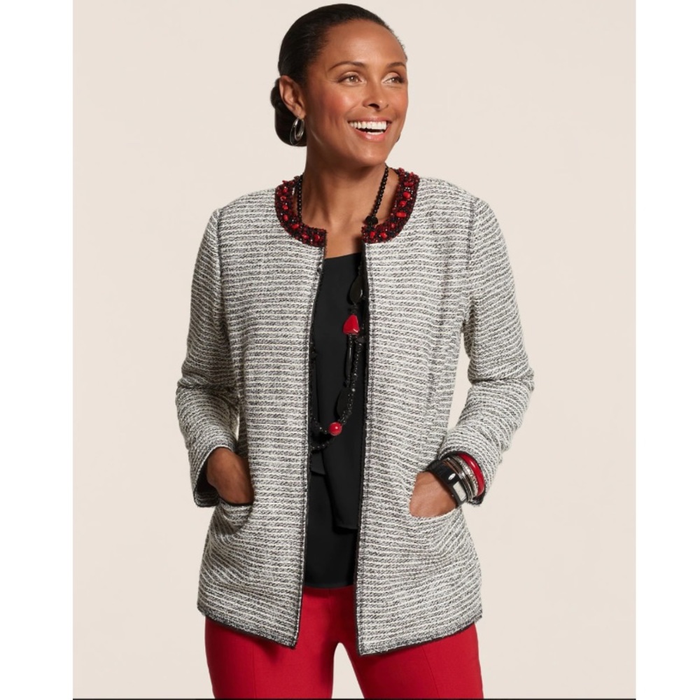Chico’s Embellished Neckline Tweed Jacket